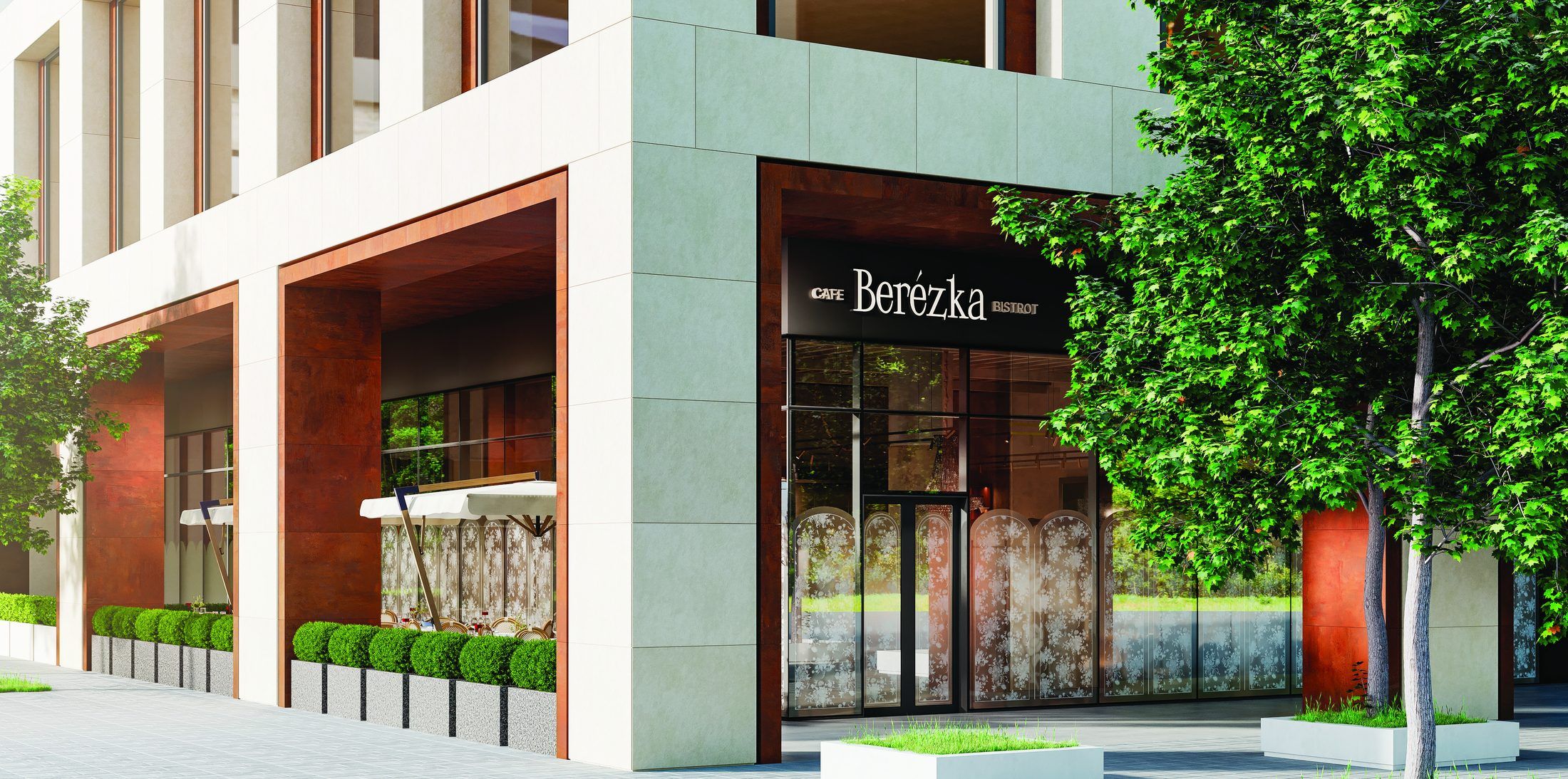 The facade: a corten portal, lace-glass front and boxwood planters