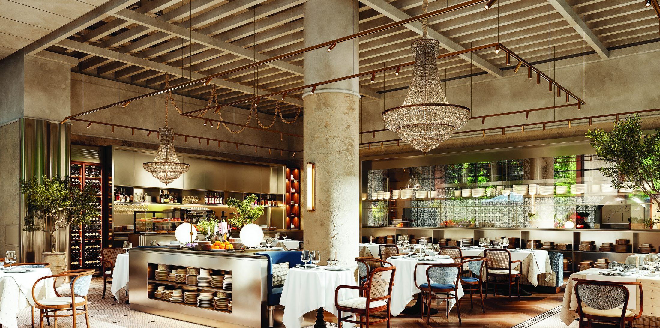 The counter, wine cabinet and chandeliers in the main room