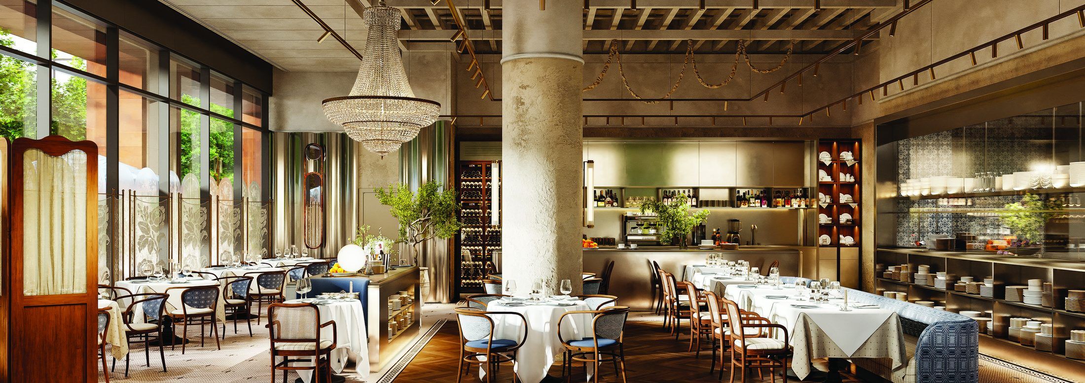 The main room: wine cabinet, open counter, chandeliers and the long banquette